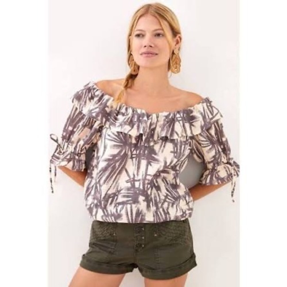 Porridge X Anthropologie Off The Shoulder Ruffle Blouse Purple Palm Print Large